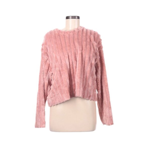 Zara Fleece Sweater Womens Medium Pink Soft Faux Fur Ribbed Crop Pullover - Picture 6 of 6